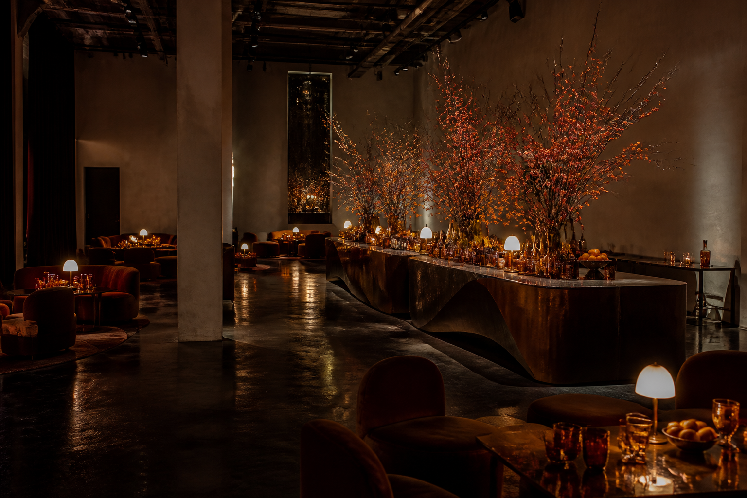 Warmly lit gallery aperitivo gathering