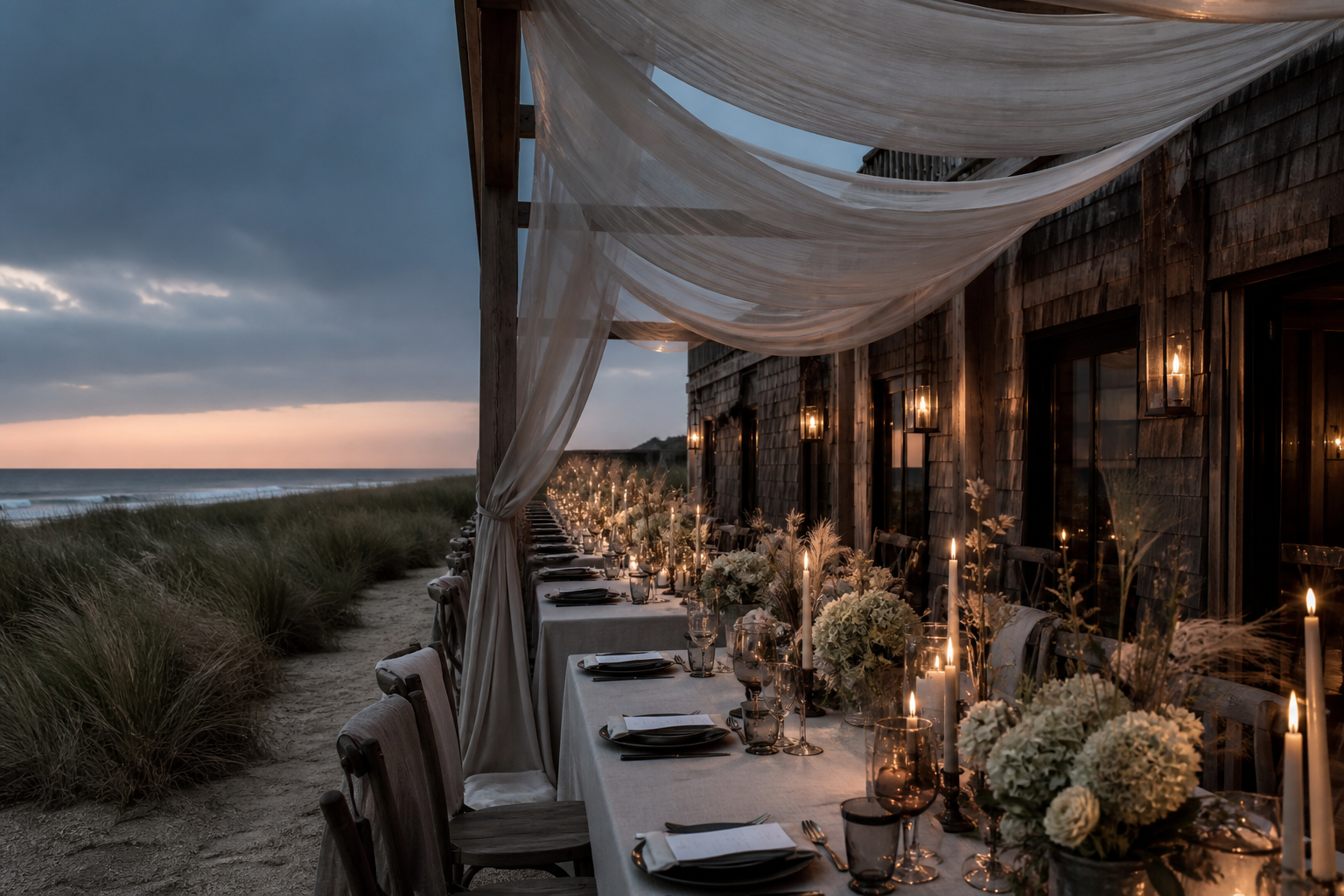 Coastal wedding reception at dusk